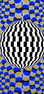 Optical illusion wallpaper with 3D sphere and vibrant patterns.