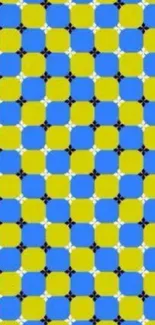 Optical illusion with blue and yellow checkerboard pattern.