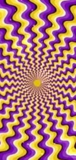 Vibrant yellow and purple optical illusion wallpaper with spiral pattern.