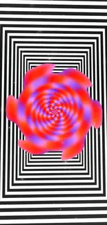 Red spiral illusion on black and white geometric background.