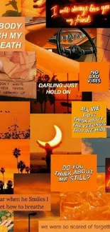 Orange aesthetic collage wallpaper with quotes and sunset.