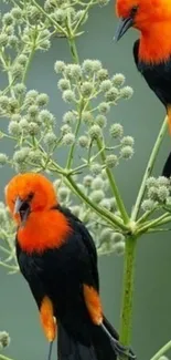 Two vibrant orange and black birds perched on branches.