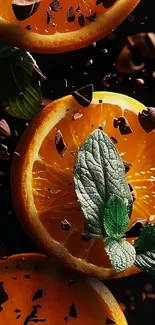 Vibrant orange slices with mint leaves and dark chocolate background.