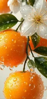 Bright oranges with white flowers and droplets.