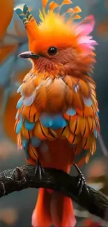 Vibrant orange bird with colorful feathers perched on a branch.