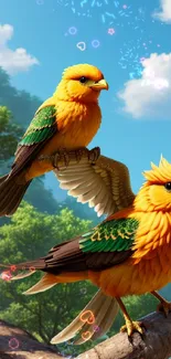 Two vibrant orange birds perched on a tree in a lush, green forest setting.