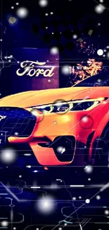 Orange Ford car illuminated at night, stylish and vibrant automotive display.