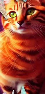 Vibrant orange cat with green eyes on colorful background.