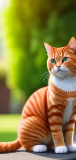 Orange tabby cat sitting in lush green garden scene.