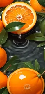 Vibrant orange citrus fruits with green leaves on water.