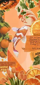 Vibrant orange collage wallpaper with koi fish and quotes.