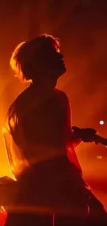 Singer's silhouette at a vibrant concert with orange light background.