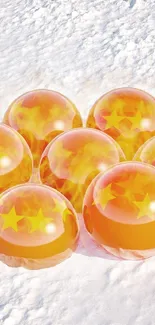 Seven glowing dragon balls on snowy white background.