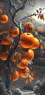 Surreal orange tree with dramatic contrast.