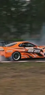 Orange drift car speeding with smoky effects.