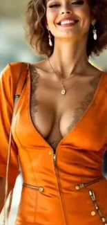 Woman in orange dress with elegant style.