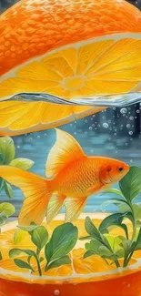 Fantasy art of a goldfish swimming inside a vibrant orange slice.