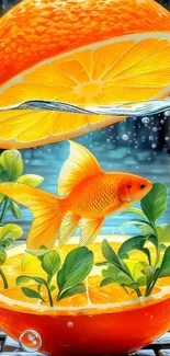 Surreal goldfish in an orange slice with leaves.