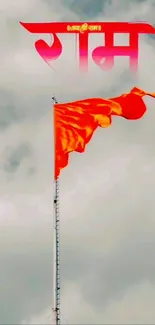Orange flag waving against a cloudy sky