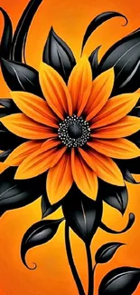 Orange and black abstract floral wallpaper with vibrant design.