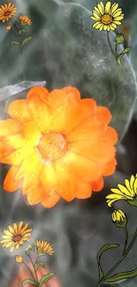 Vibrant orange flower with dew on a blurred leafy background.