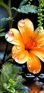 Vibrant orange flower with water droplets and green leaves.