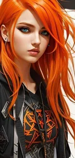 Illustrated character with vibrant orange hair and detailed jacket flows gracefully.