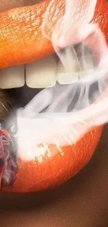 Vibrant orange lips with artistic smoke effect.