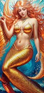 Vibrant orange-haired mermaid in ocean artwork.