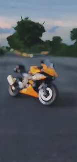 Orange toy motorcycle on a road background.