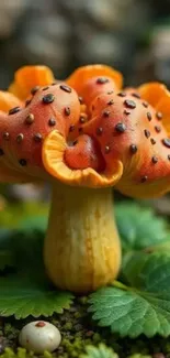Closeup of an orange mushroom with green leaves.
