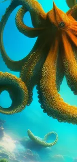 Vibrant orange octopus in turquoise waters, showcasing underwater beauty.