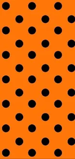 Orange wallpaper with black polka dots.