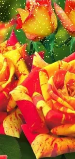 Vibrant orange roses with green leaves in closeup view.