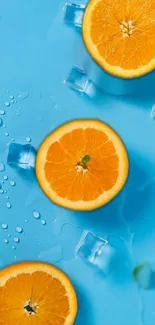 Vibrant orange slices with ice on a blue background.