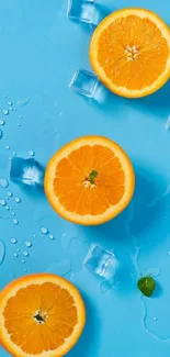 Vibrant orange slices with ice on a bright blue background.