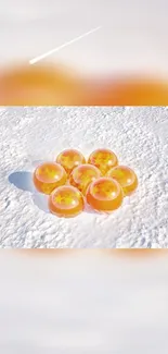 Seven orange spheres on white snowy background.