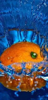 Orange splashes into blue water creating a vibrant scene.