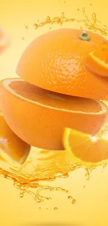 Vibrant orange slices splash on a yellow background.