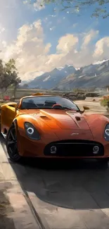 Orange sports car driving on a scenic mountainous road.