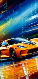 Vibrant orange sports car with colorful abstract background.