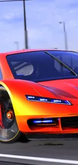 Vibrant orange sports car on urban road with a dynamic design.