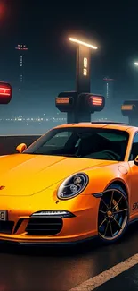 Orange sports car on urban street under futuristic lights at night.