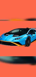 Orange background with a blue sports car at the center.