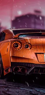 Orange sports car in a vibrant, rainy cityscape.