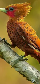 A vibrant orange woodpecker perched on a tree branch, set against a natural background.