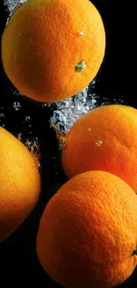 Oranges splashing into water on a black background.