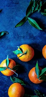 Vibrant oranges with leaves on a dark blue background wallpaper.