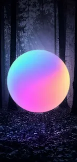 Colorful glowing orb in a dark forest setting.