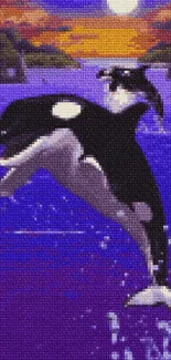 Vibrant orca leaping in purple ocean at sunset